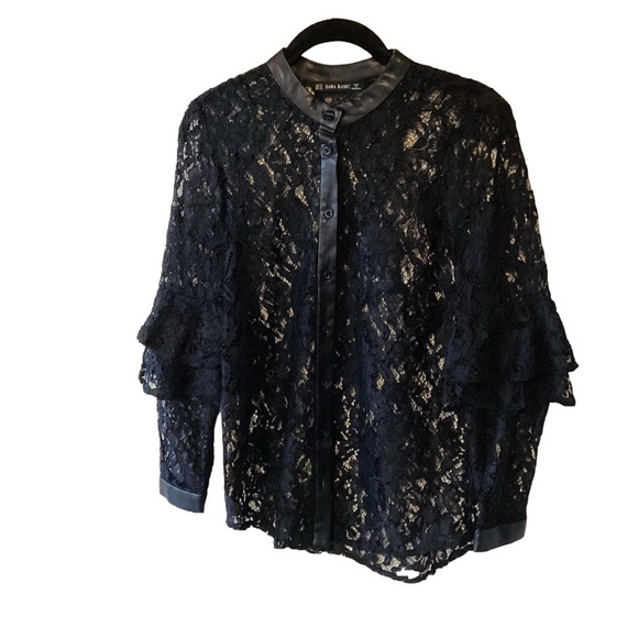 Zara Basic Lace Button Up Top Long Sleeves Size XS Black Whimsigoth Dark Fairy - Picture 2 of 9
